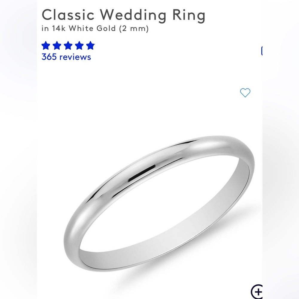 Blue Nile White Gold 14k Wedding Band 2mm - Size 6- w/ Box